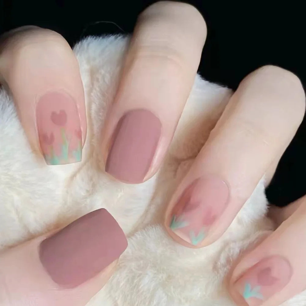 A1408- Color Pink Floral Short Almond Press-On Nails Set, 24 Pcs