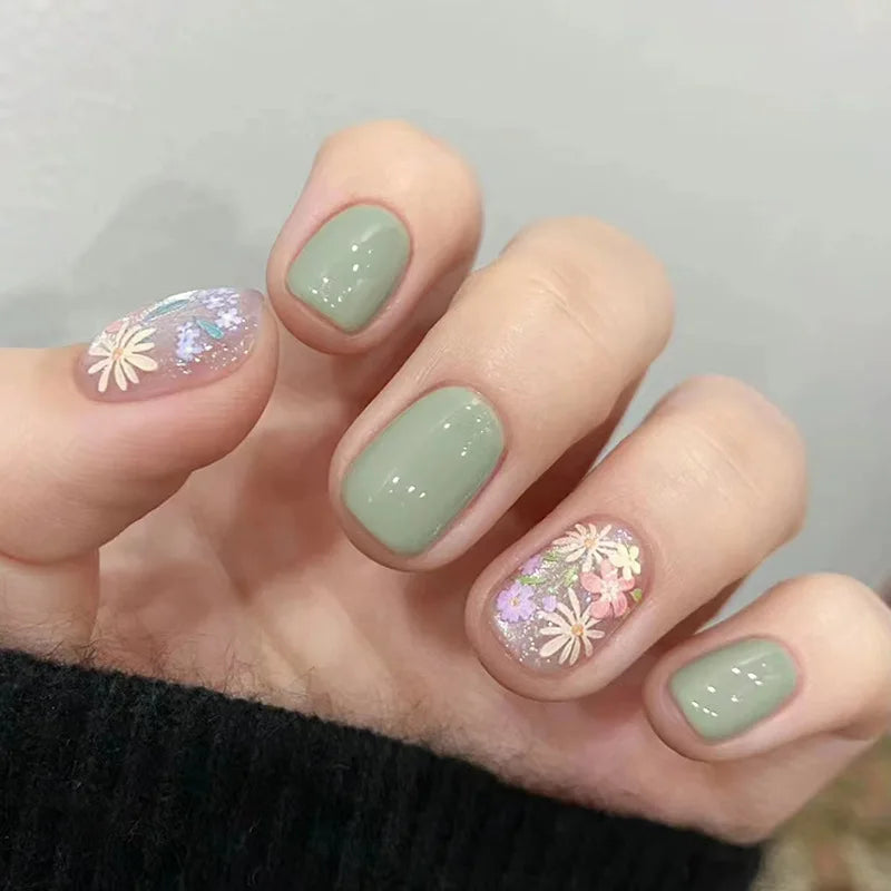 A1313- Color Pink Floral Short Almond Press-On Nails Set, 24 Pcs