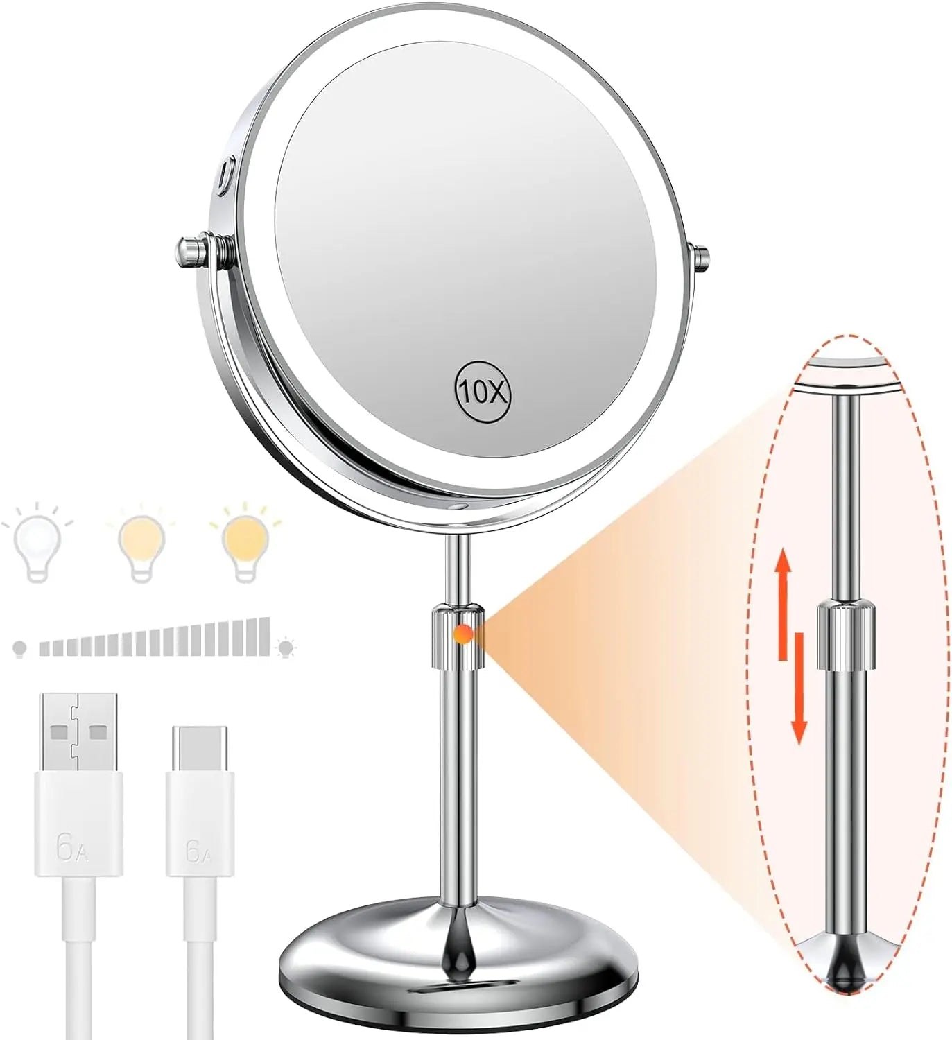8-Inch Lighted Makeup Mirror 1X/10X – 3 Color LED