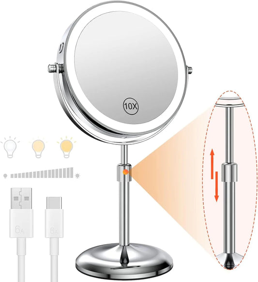 8-Inch Lighted Makeup Mirror 1X/10X – 3 Color LED