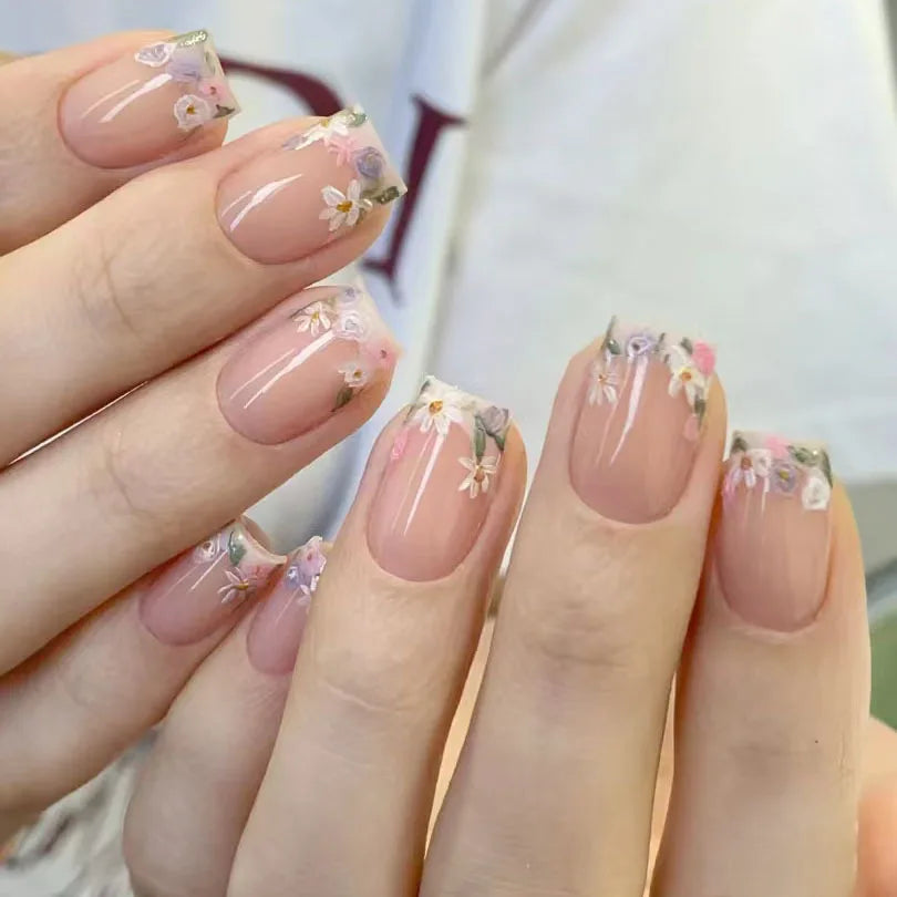 A1351- Color Pink Floral Short Almond Press-On Nails Set, 24 Pcs