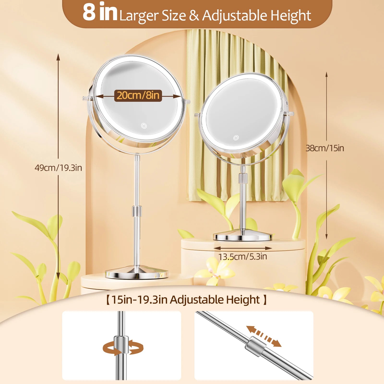 8-Inch Lighted Makeup Mirror 1X/10X – 3 Color LED