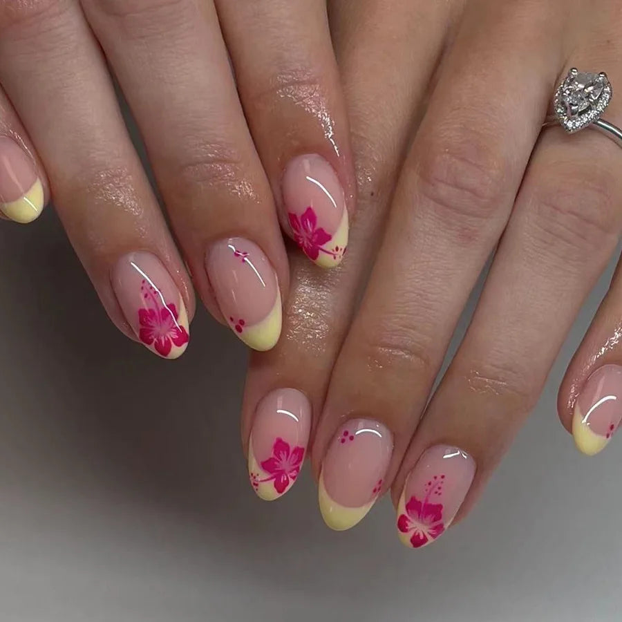 A756 Color Pink Floral Short Almond Press-On Nails Set, 24 Pcs