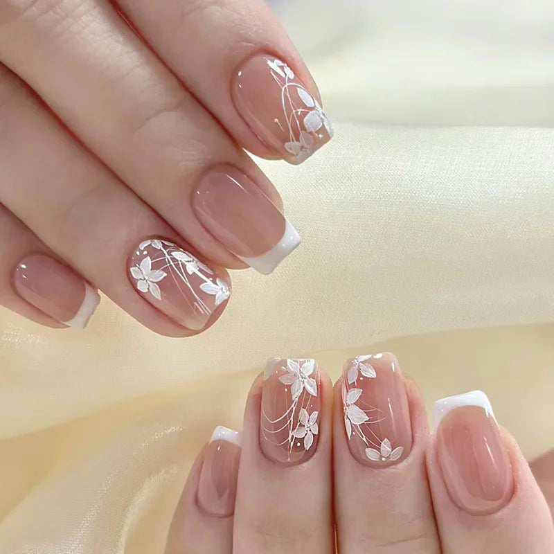 A614-9 Color Pink Floral Short Almond Press-On Nails Set, 24 Pcs