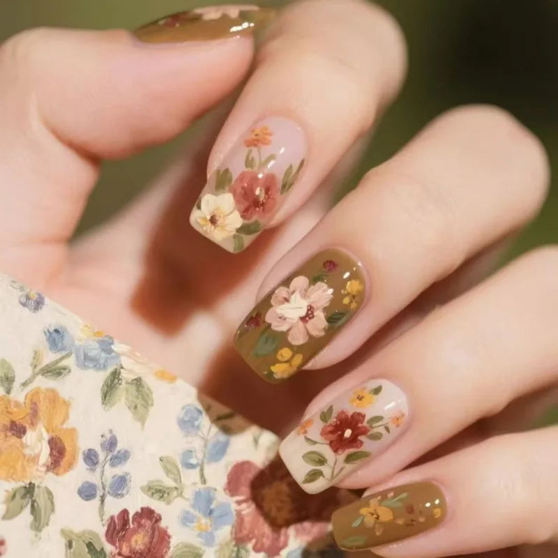 A1325M- Color Pink Floral Short Almond Press-On Nails Set, 24 Pcs
