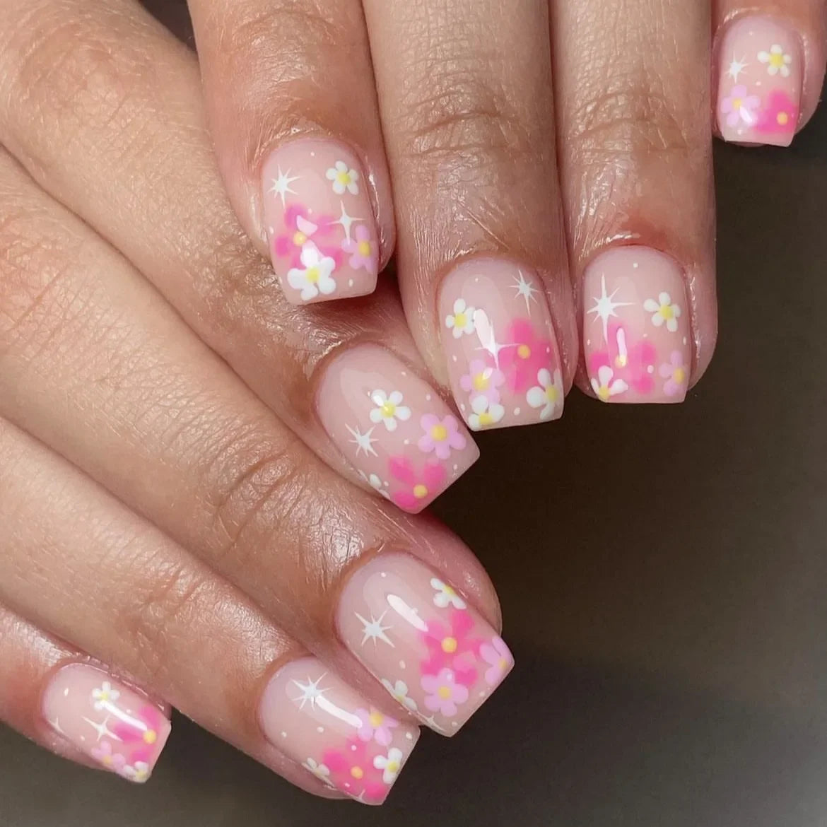 A617 Color Pink Floral Short Almond Press-On Nails Set, 24 Pcs