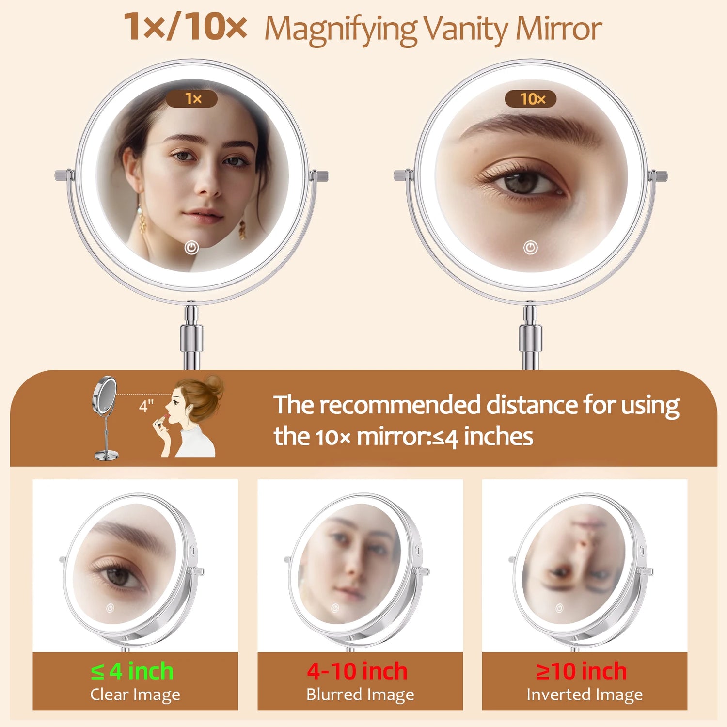 8-Inch Lighted Makeup Mirror 1X/10X – 3 Color LED