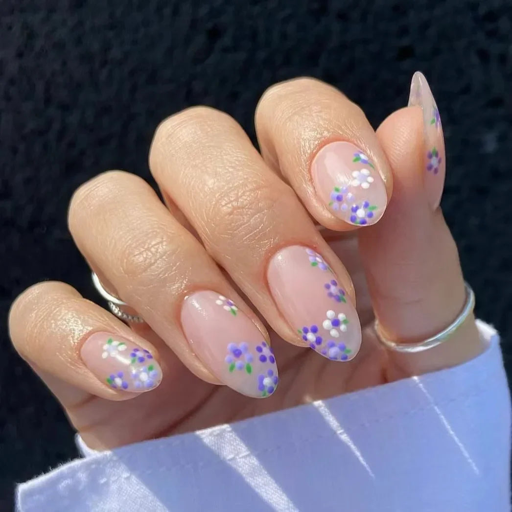 A592 Color Pink Floral Short Almond Press-On Nails Set, 24 Pcs