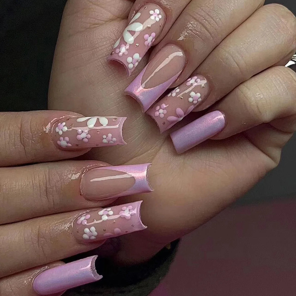 A1281- Color Pink Floral Short Almond Press-On Nails Set, 24 Pcs