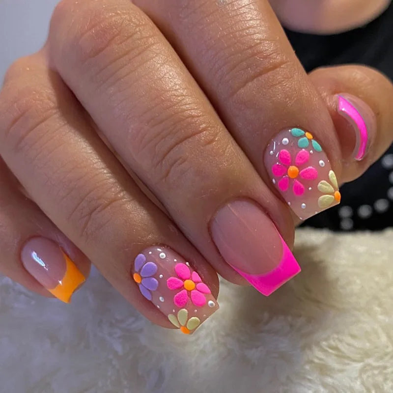 A625 Color Pink Floral Short Almond Press-On Nails Set, 24 Pcs