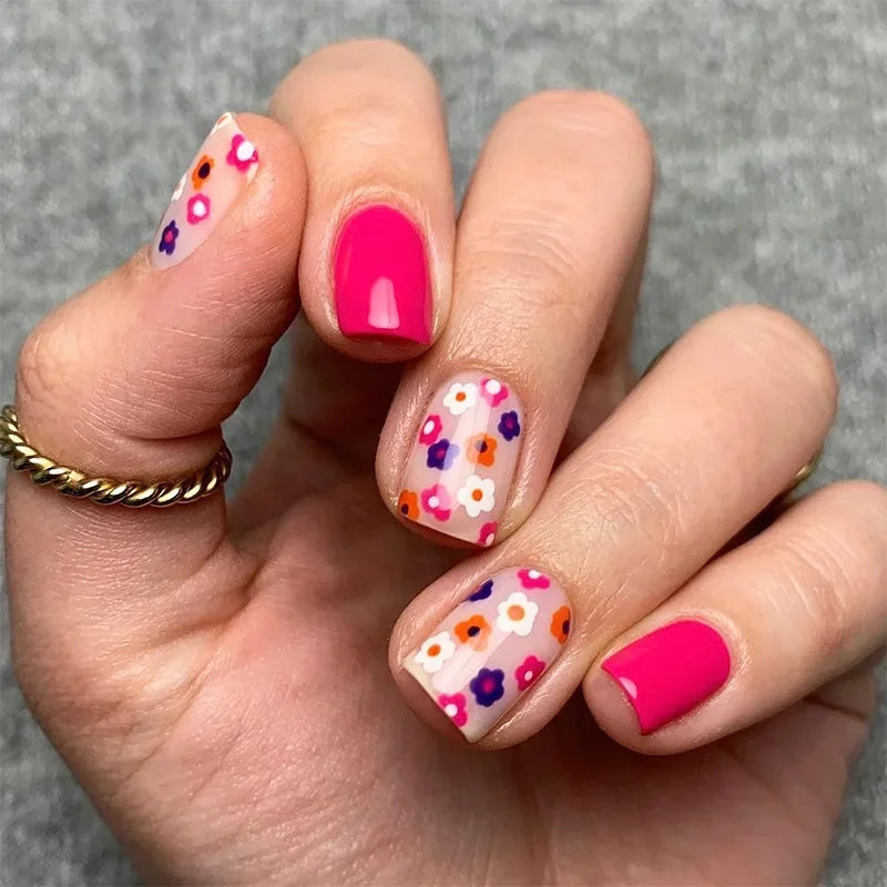 A621 Color Pink Floral Short Almond Press-On Nails Set, 24 Pcs