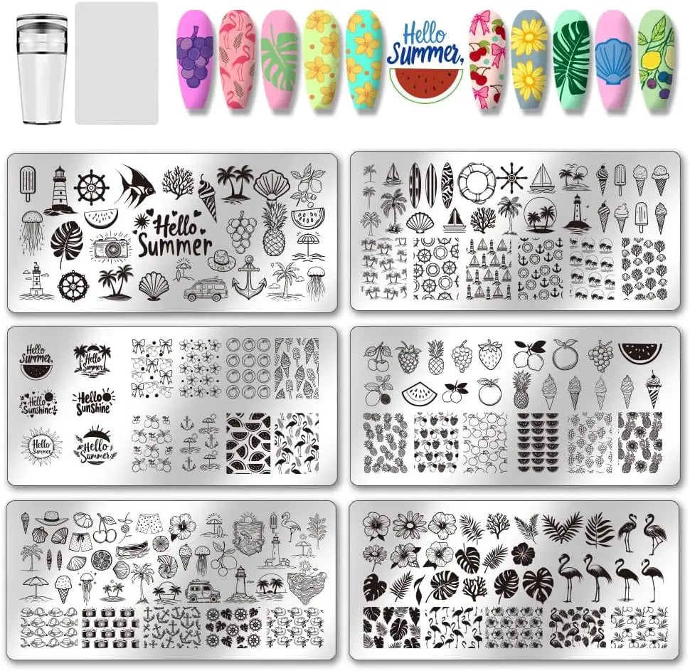 AECH011-02600 Color Summer Ocean Nail Stamping Plate Set – 6 Stainless Templates