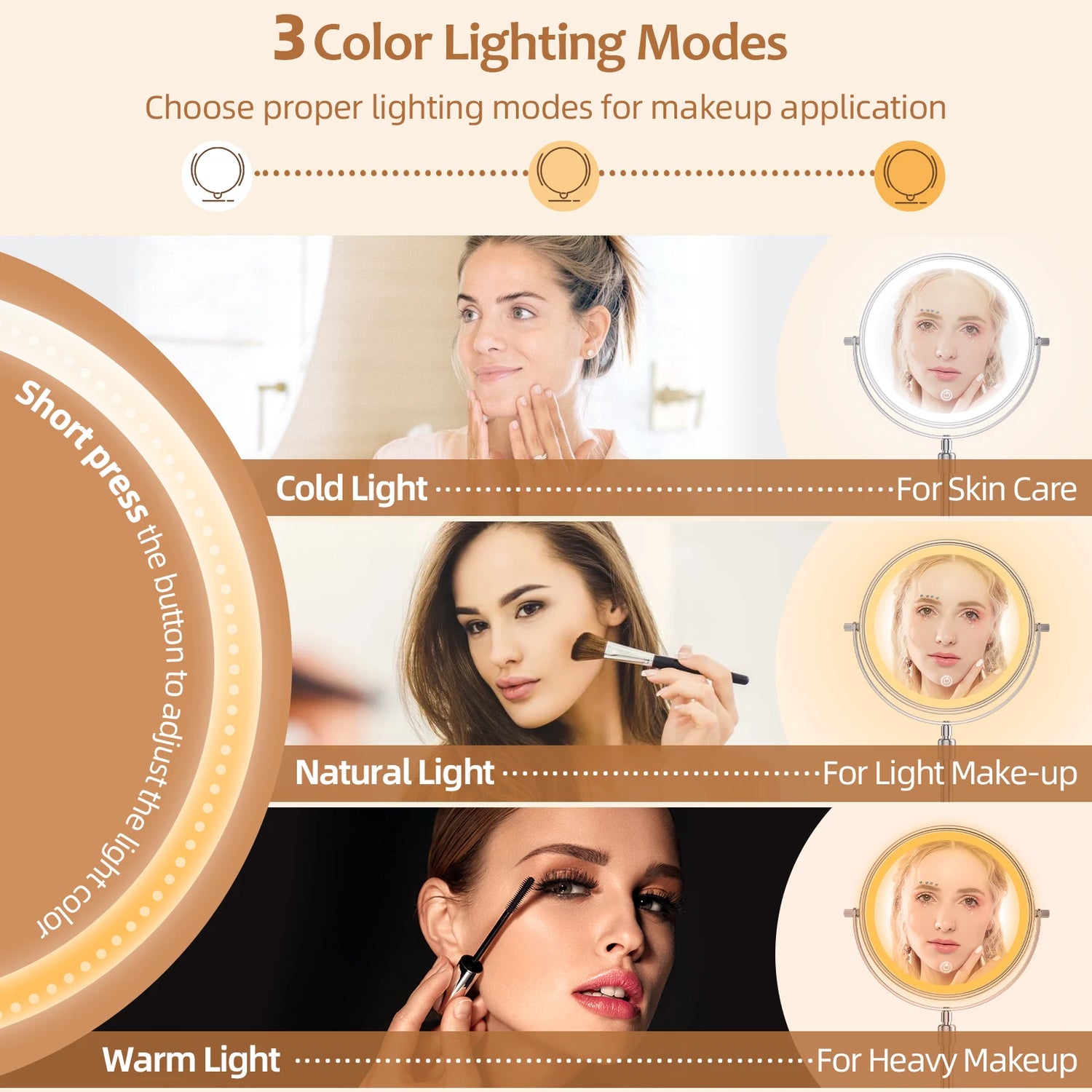 8-Inch Lighted Makeup Mirror 1X/10X – 3 Color LED