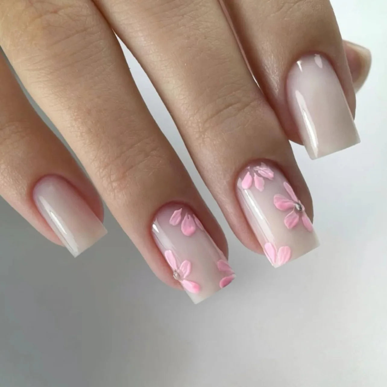 A1279- Color Pink Floral Short Almond Press-On Nails Set, 24 Pcs