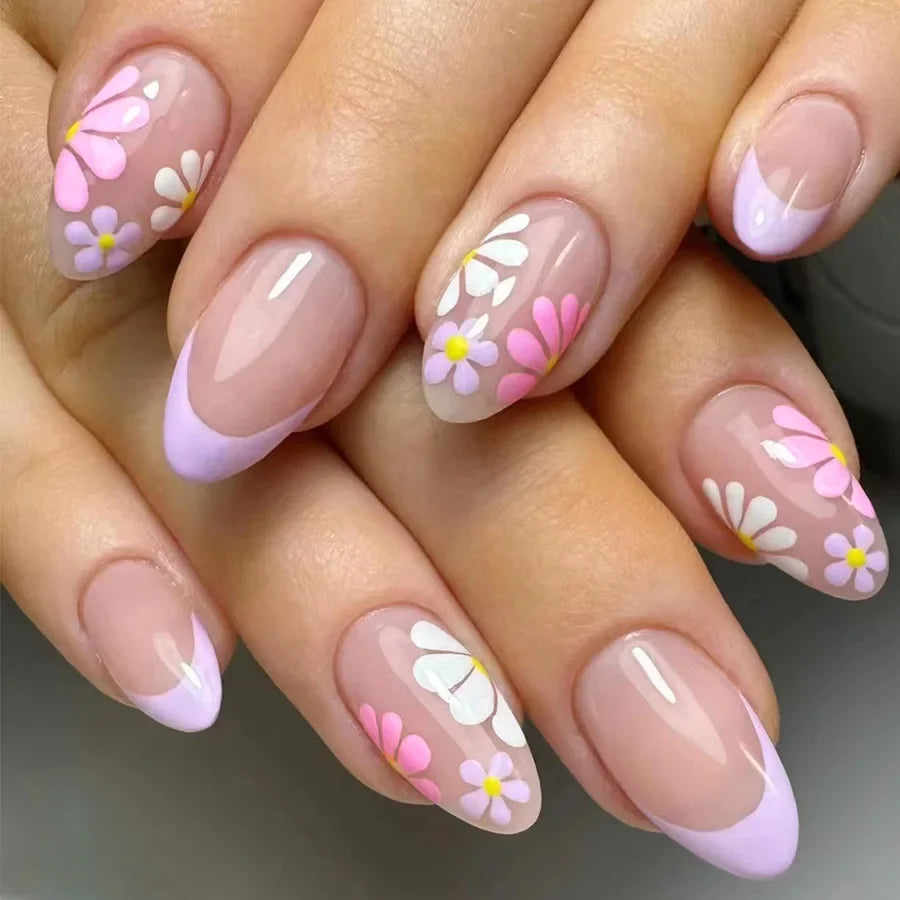 Pink Floral Short Almond Press-On Nails Set, 24 Pcs