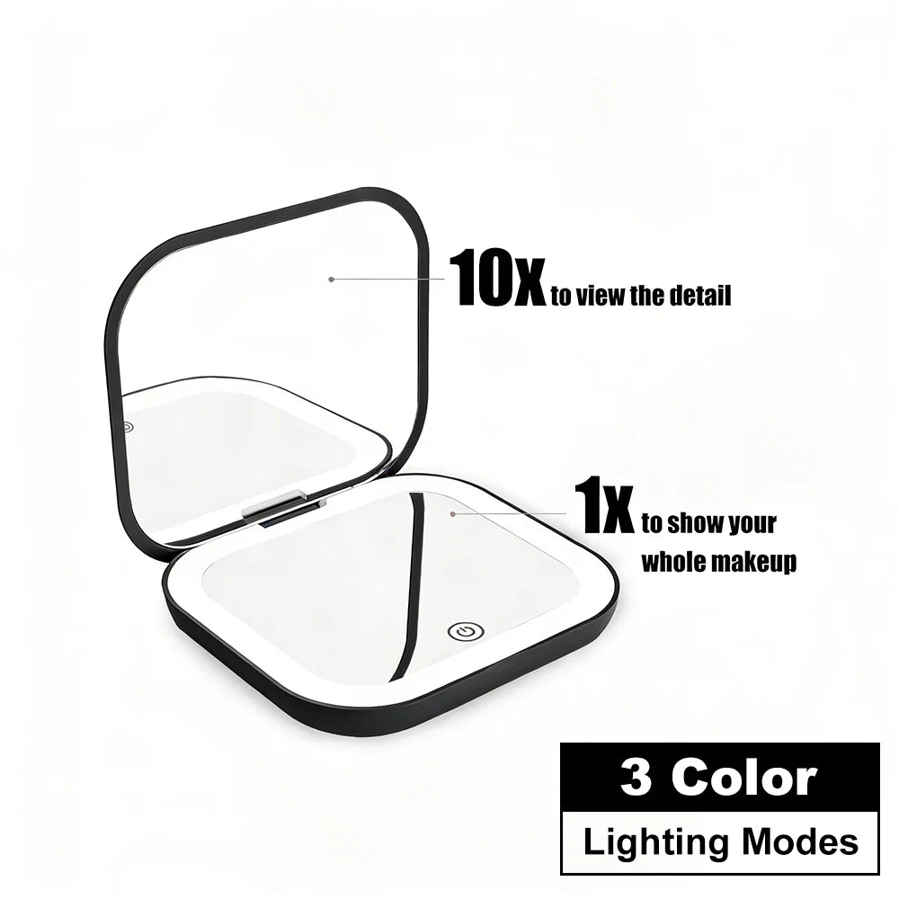 10X-Black Color LED Compact Makeup Mirror With 1X/2X Magnification
