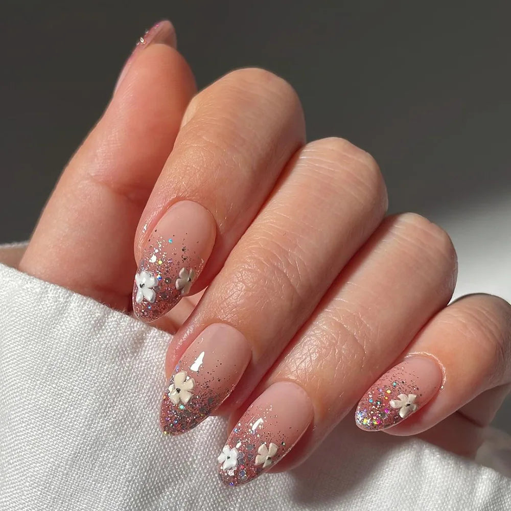 A1644- Color Pink Floral Short Almond Press-On Nails Set, 24 Pcs