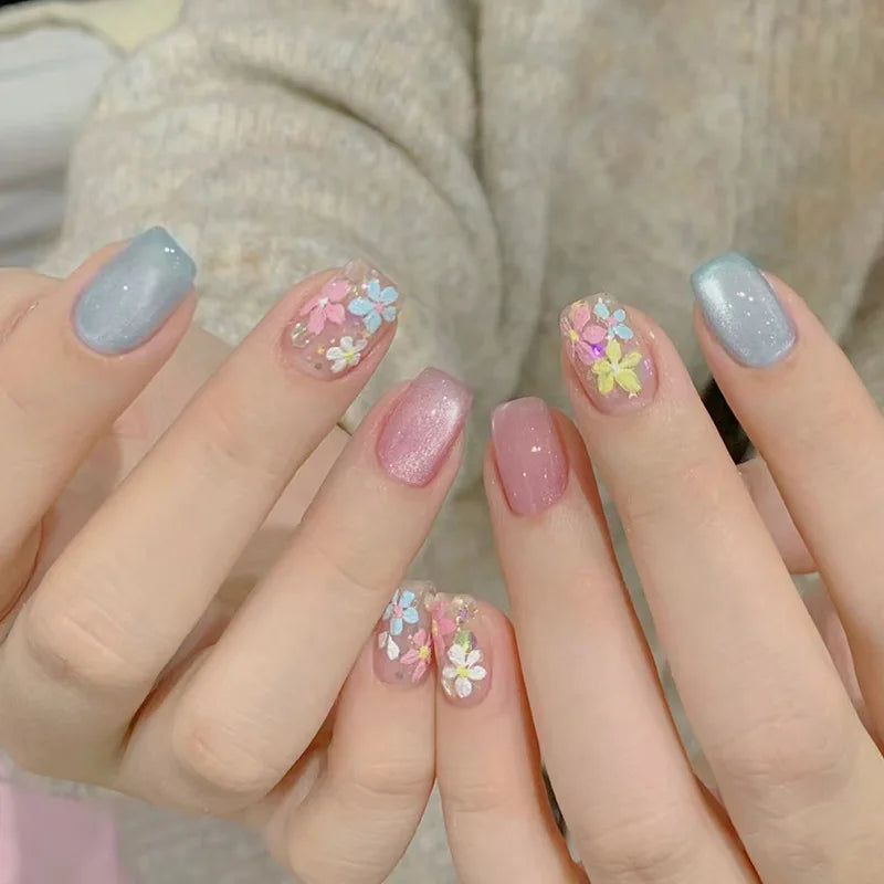 A1542- Color Pink Floral Short Almond Press-On Nails Set, 24 Pcs