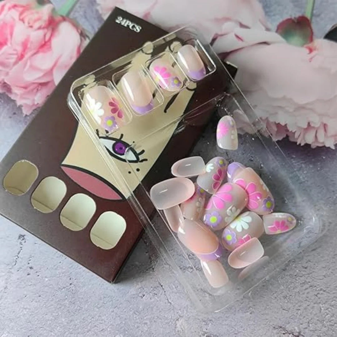 Pink Floral Short Almond Press-On Nails Set, 24 Pcs