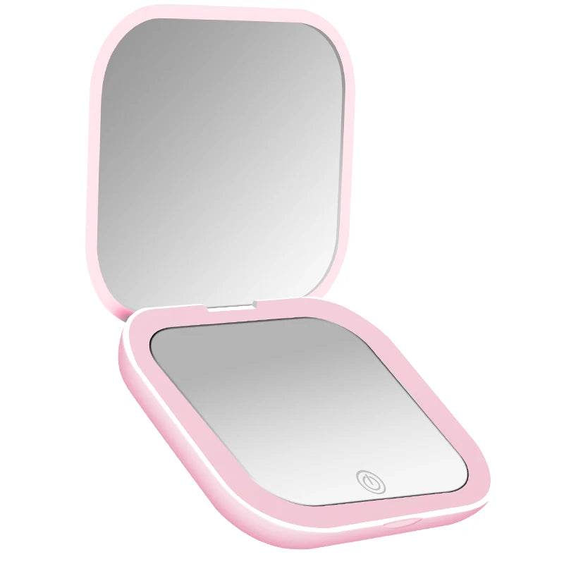 Pink Color LED Compact Makeup Mirror With 1X/2X Magnification