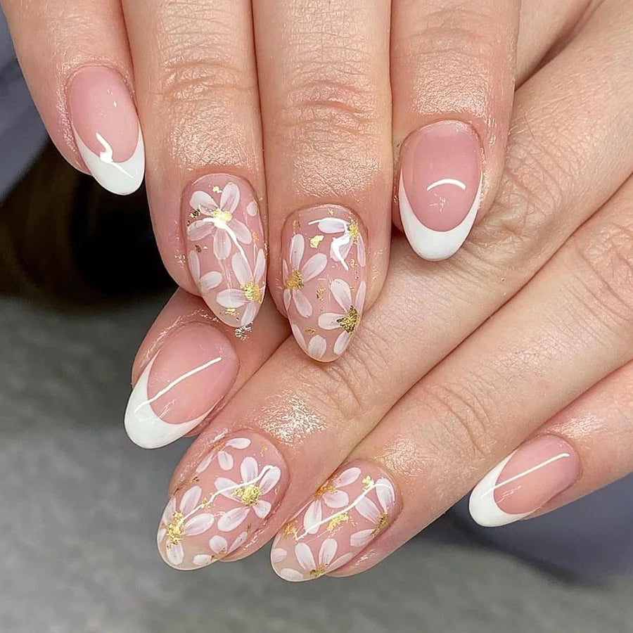 A834 Color Pink Floral Short Almond Press-On Nails Set, 24 Pcs