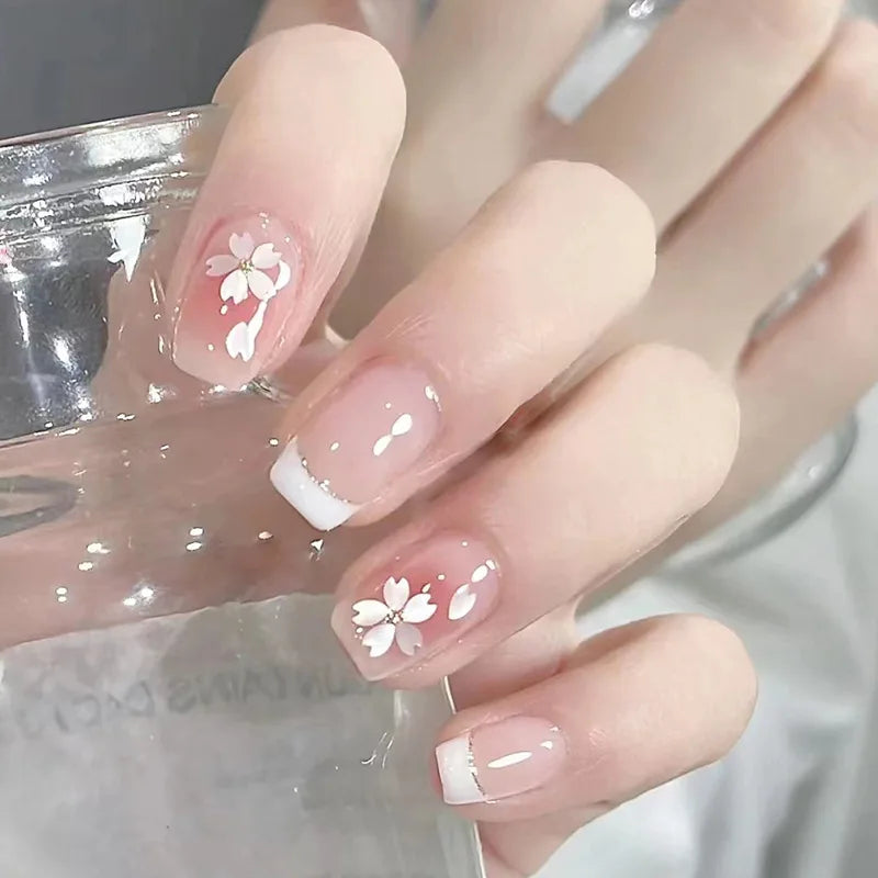 A1477- Color Pink Floral Short Almond Press-On Nails Set, 24 Pcs