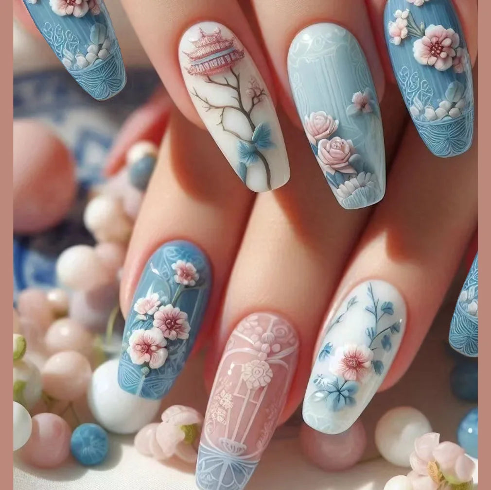 A1649- Color Pink Floral Short Almond Press-On Nails Set, 24 Pcs