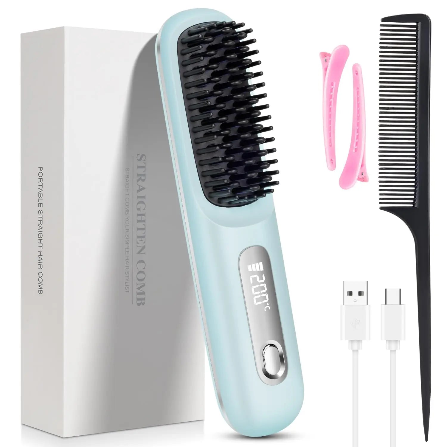 blue Color Cordless Hair Straightening Comb With LED Display