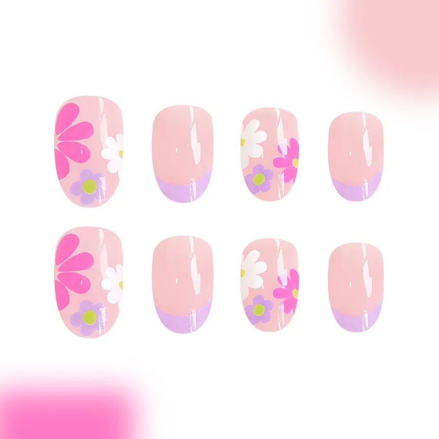 Pink Floral Short Almond Press-On Nails Set, 24 Pcs