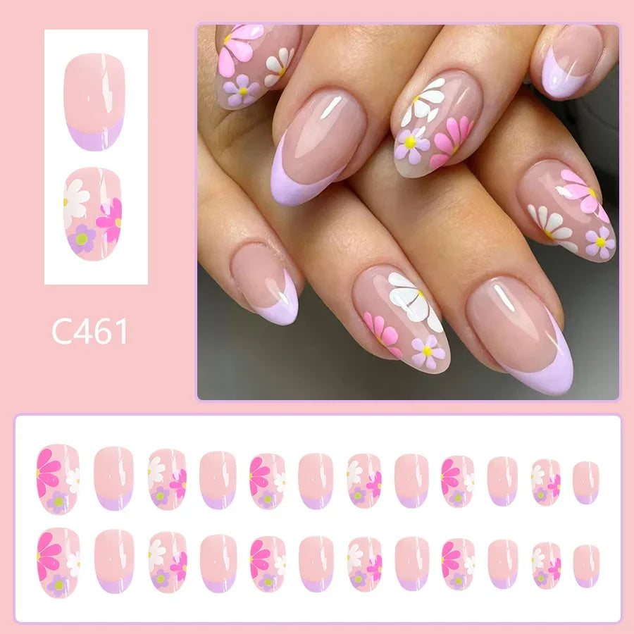 Pink Floral Short Almond Press-On Nails Set, 24 Pcs