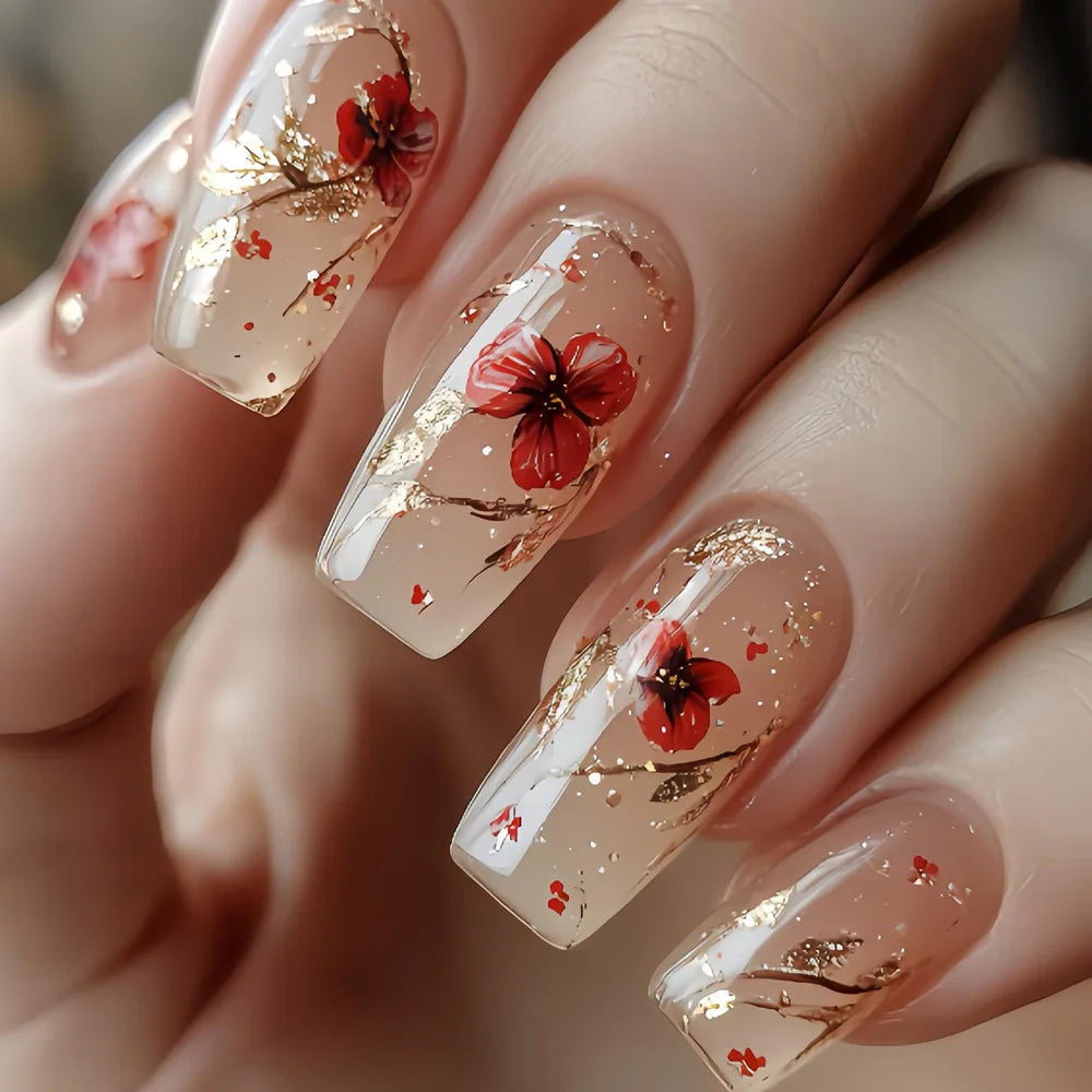 A1343- Color Pink Floral Short Almond Press-On Nails Set, 24 Pcs