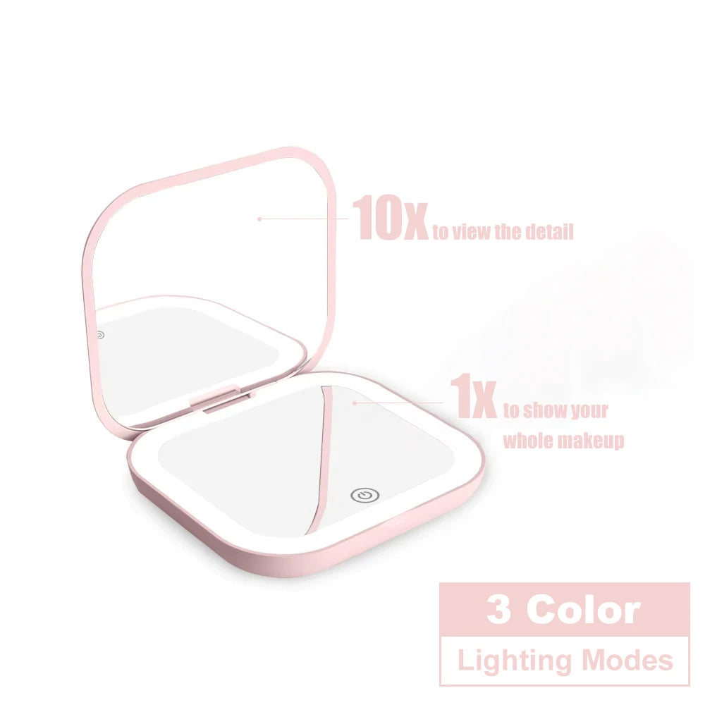 10X-Pink Color LED Compact Makeup Mirror With 1X/2X Magnification
