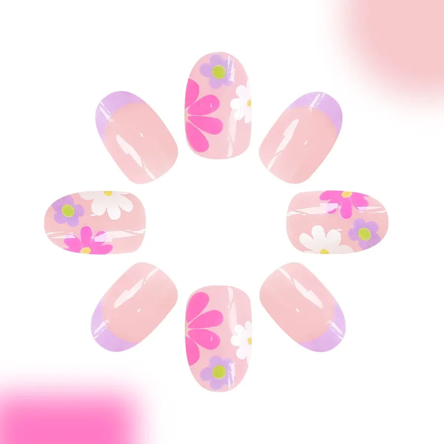 Pink Floral Short Almond Press-On Nails Set, 24 Pcs