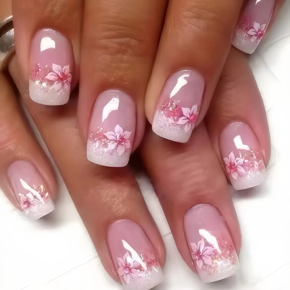 A593 Color Pink Floral Short Almond Press-On Nails Set, 24 Pcs