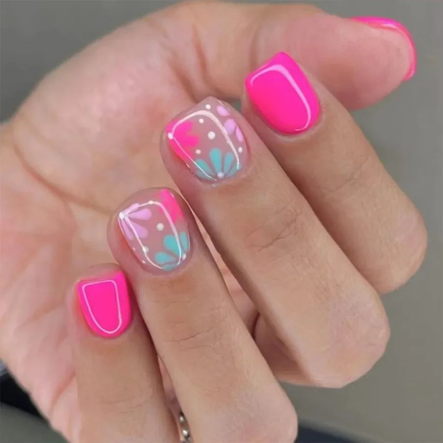 A606 Color Pink Floral Short Almond Press-On Nails Set, 24 Pcs