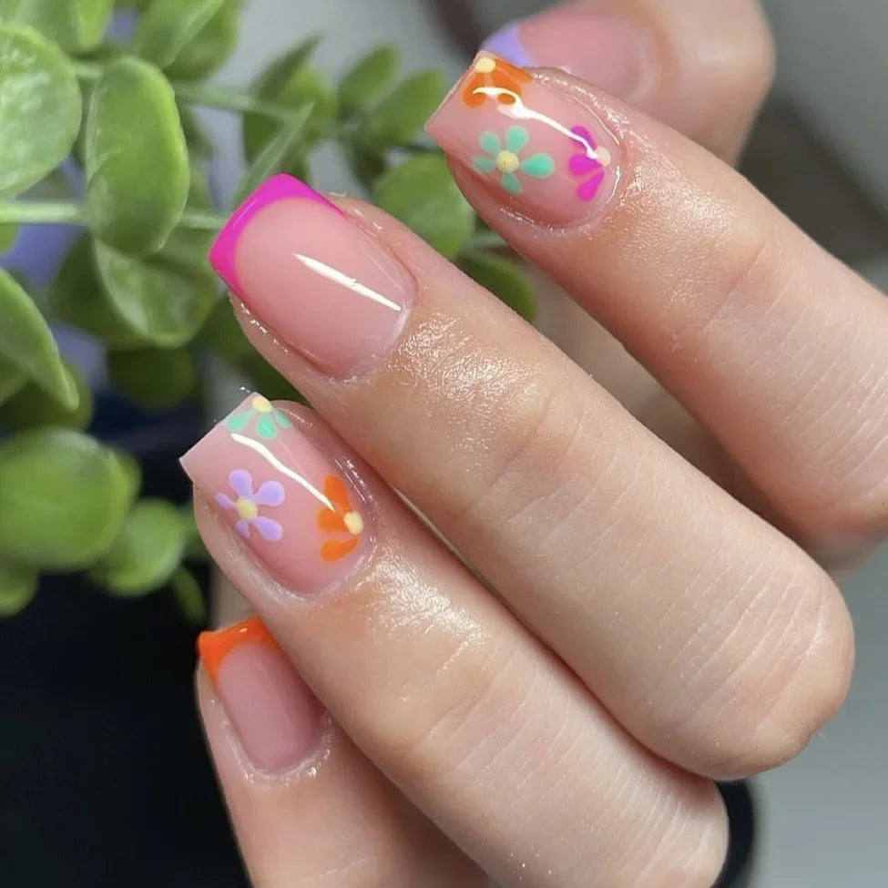 A622 Color Pink Floral Short Almond Press-On Nails Set, 24 Pcs
