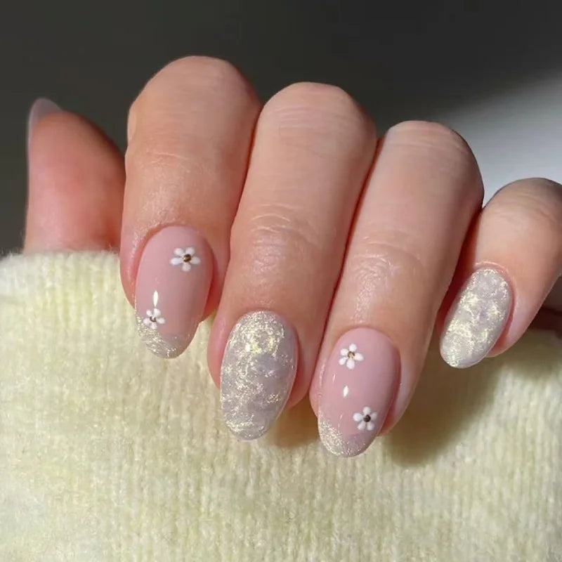 A1379- Color Pink Floral Short Almond Press-On Nails Set, 24 Pcs